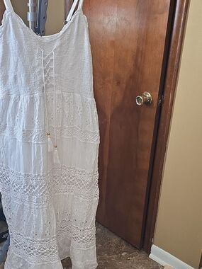 White Lace Tiered Maxi Dress with Tassel Tie